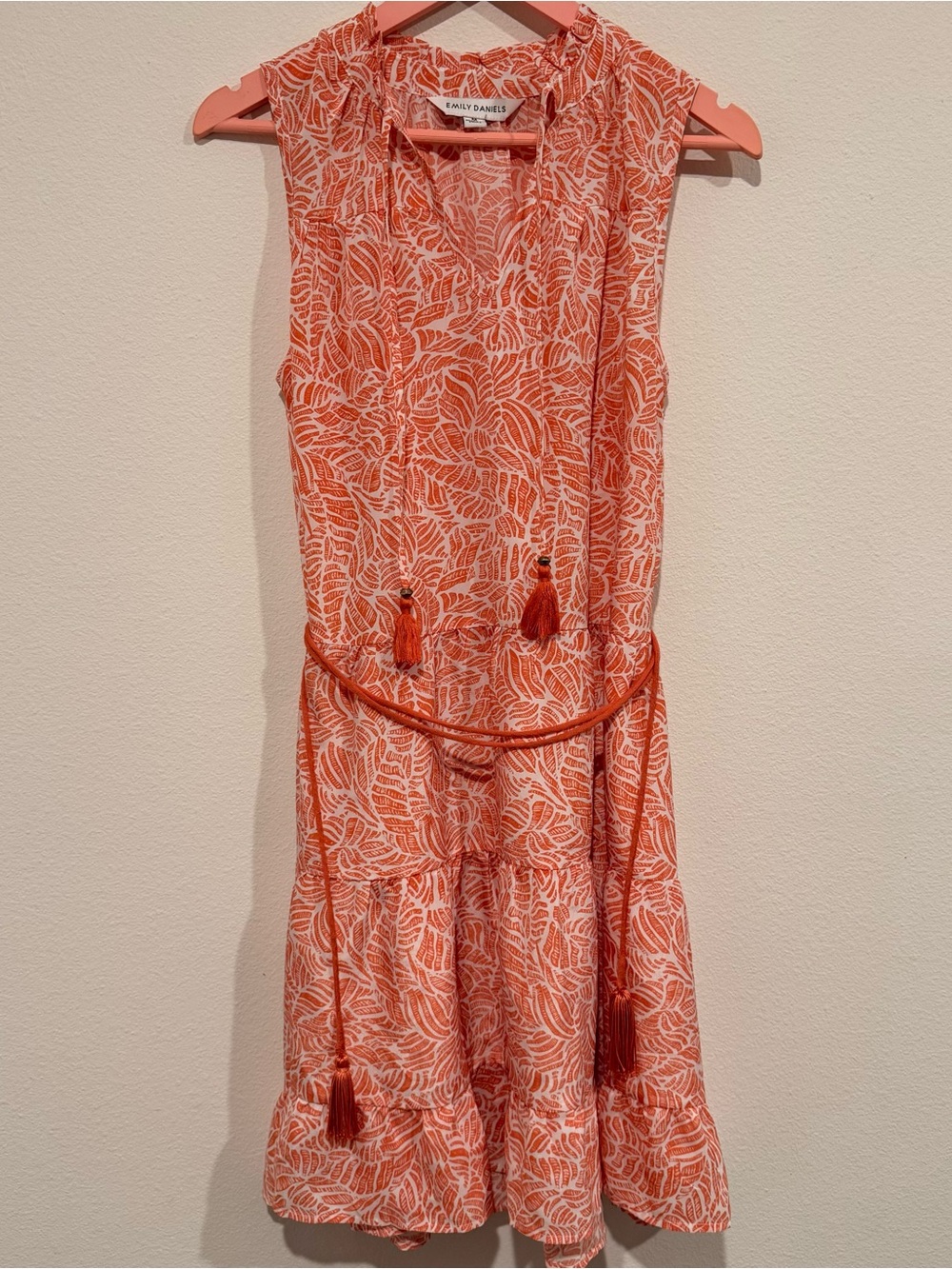 Emily Daniels Orange & White Leaf Print Tiered Dress Tassel Detail Size M